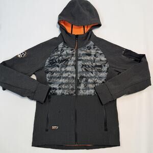 Superdry Hybrid Jacket Mens Large Gray Camo Hooded Softshell Full Zip Ski